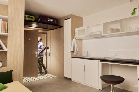 Un studio étudiant, kitchenette et coin bureau