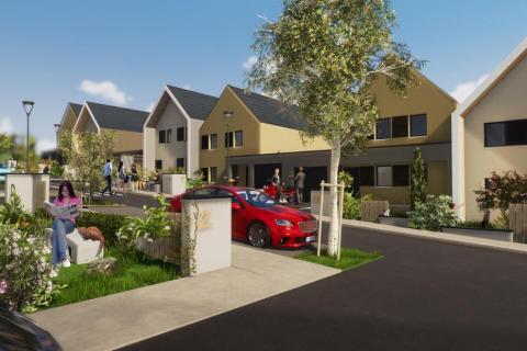 Maisons à double pente et jardins partagés