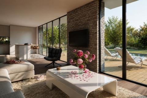 Salon, mur en pierre et terrasse avec piscine
