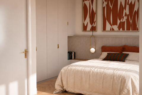 Chambre contemporaine après rénovation d’appartement à Paris