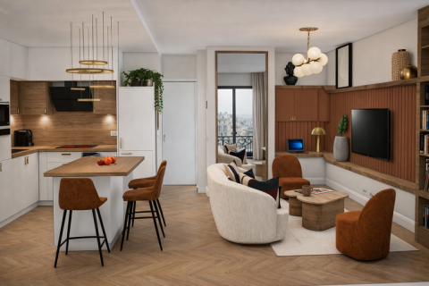 Salon et cuisine ouverte après rénovation appartement Paris