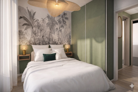 Chambre avec rangements intégrés et tête de lit panoramique