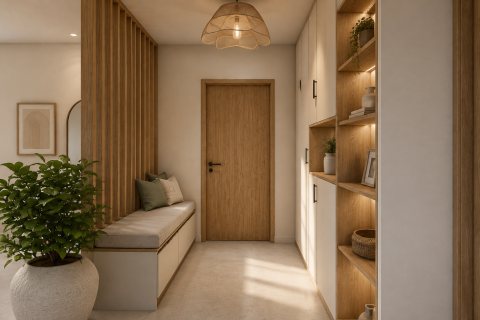 Entrée aménagée avec claustra bois, banquette et rangements 