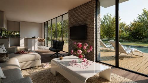 Salon, mur en pierre et terrasse avec piscine