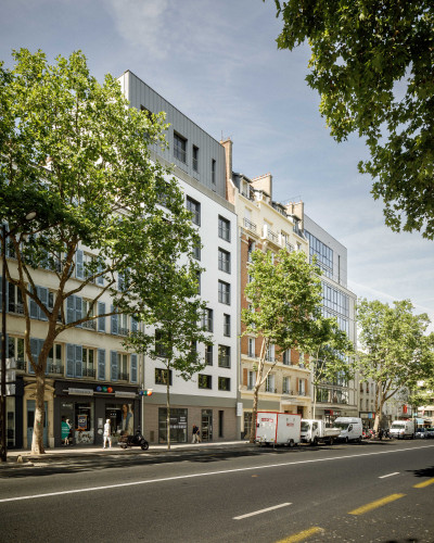 Côté rue, les trois bâtiment qui composent le projet.