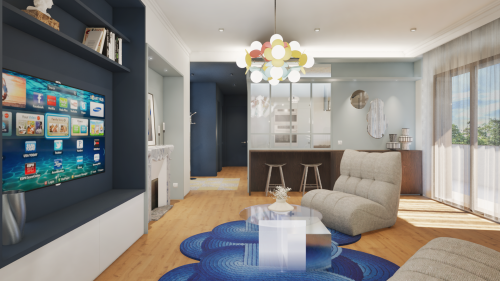 STUDIO 975 | Projet moulin - vue concept (salon et cuisine)