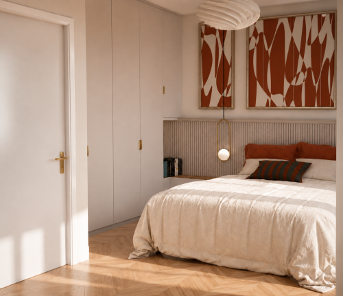 Chambre contemporaine après rénovation d’appartement à Paris