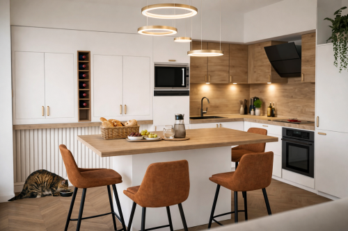 Cuisine ouverte avec îlot dans un appartement rénové à Paris