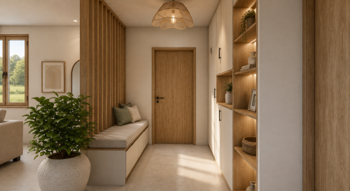 Entrée aménagée avec claustra bois, banquette et rangements 